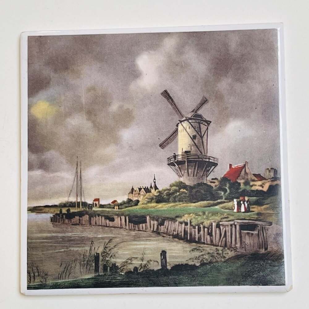 Vintage Windmill Scene Tile Coaster Made In Germany